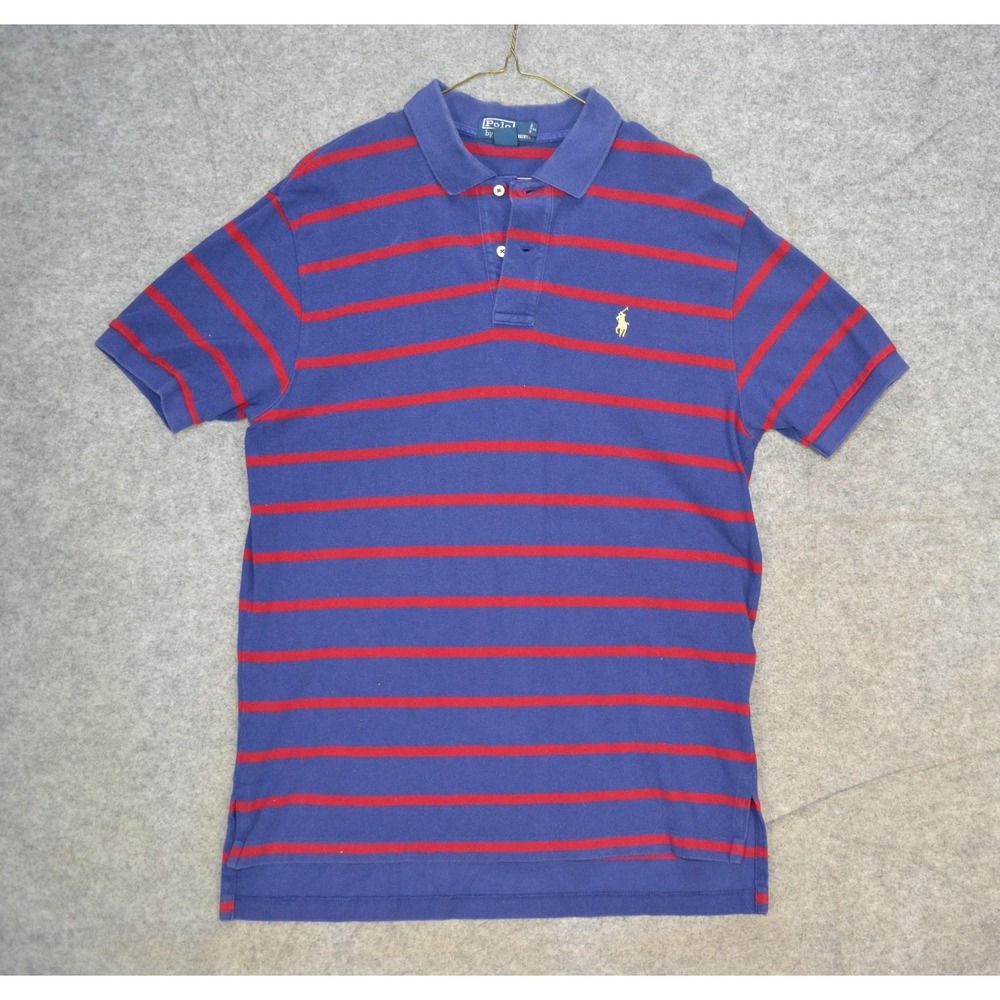 VTG Polo Ralph Lauren Polo Shirt Mens L Blue Red Stripe Short Sleeve Hong‎ Kong